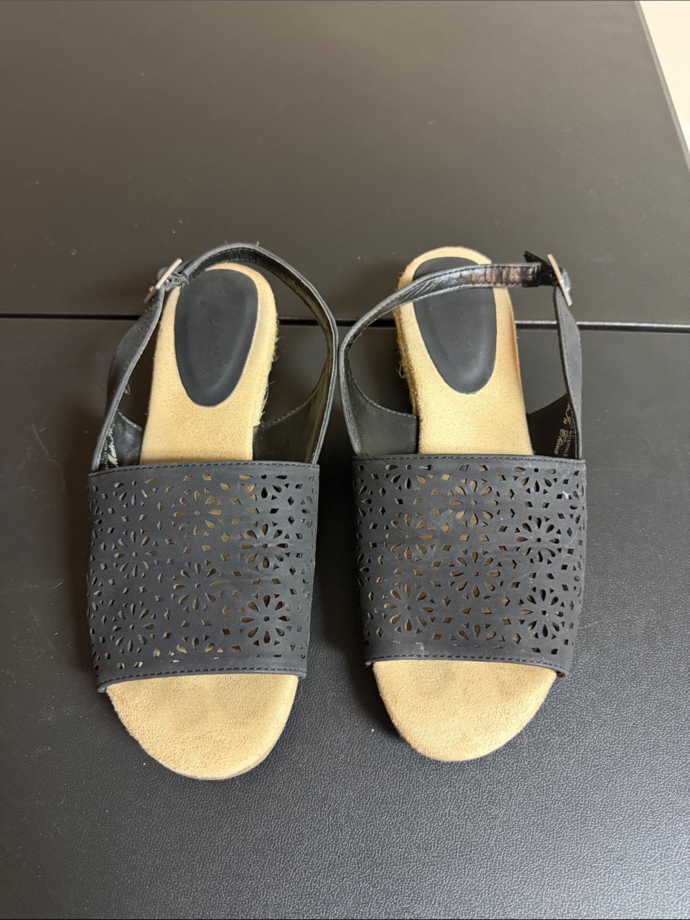 easy street Black Laser-Cut Slingback Sandals